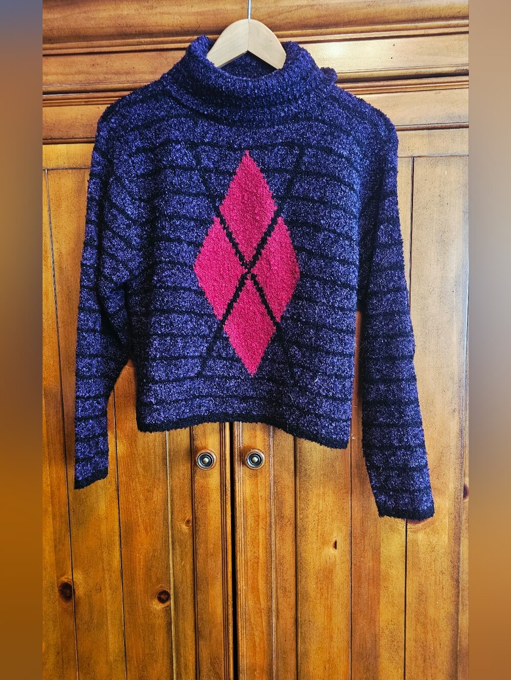 Vintage Knitting Needles Purple Metallic Fuzzy Argyle Turtleneck Sweater M